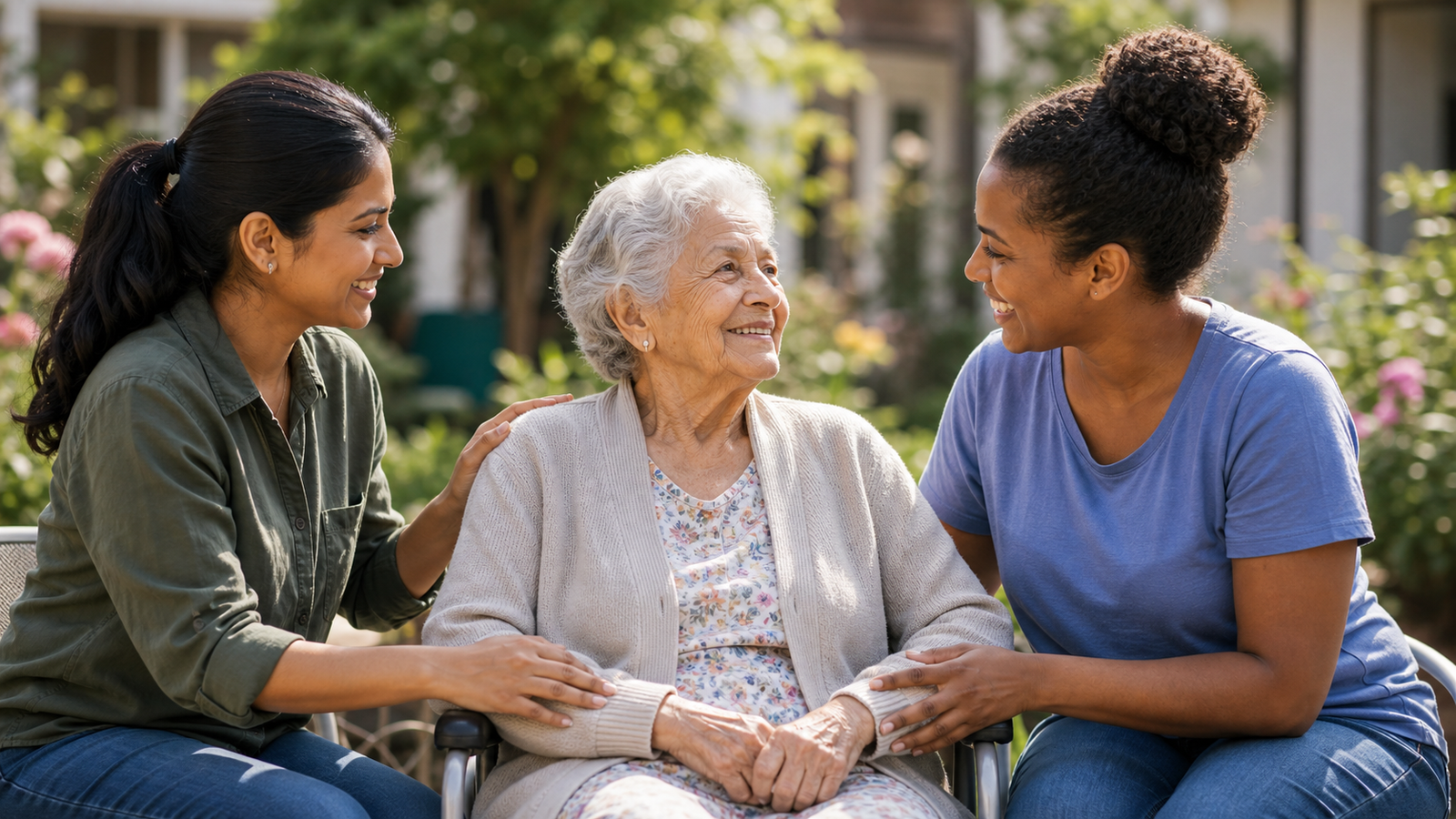 Diverse volunteers offering compassionate support to an elderly person