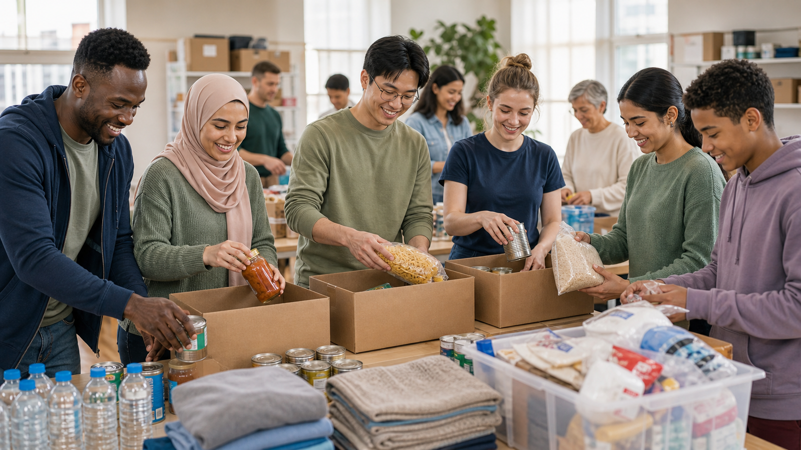 Diverse volunteers preparing supplies for community support programs