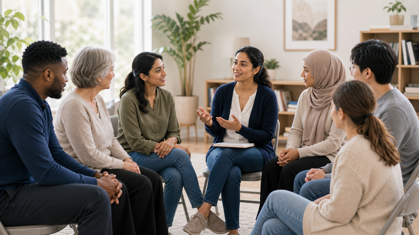 Inclusive wellbeing support group sharing a caring conversation
